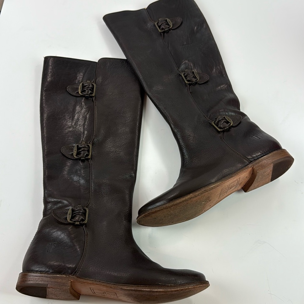FRYE LEATHER ROUNDED TOE LOW BLOCK Paige dark brown TALL KNEE-HIGH BOOTS